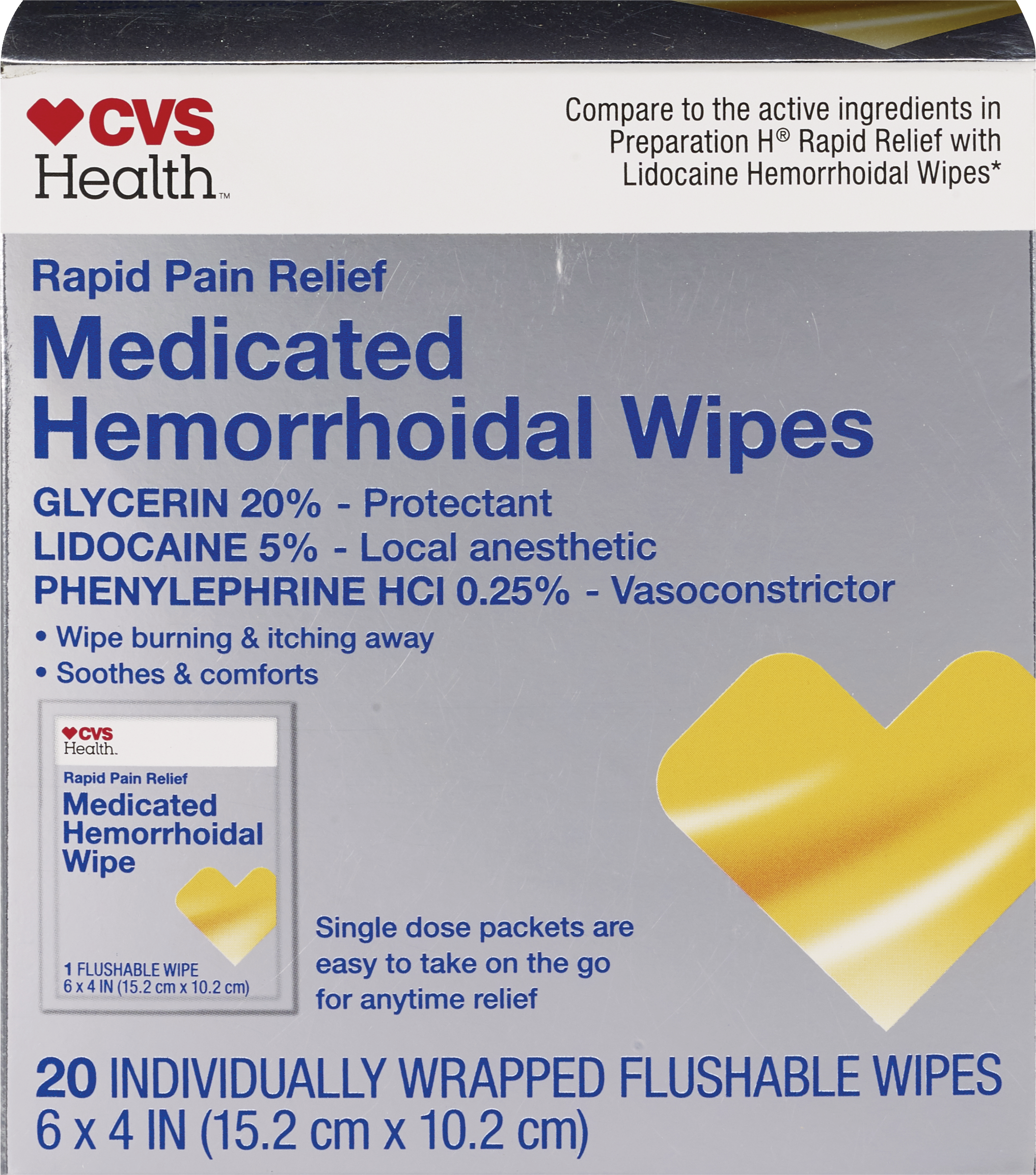 CVS Health Medicated Hemorrhoidal Wipes, 6 x 4 In (15.2 cm x 10.2 cm), 20 CT