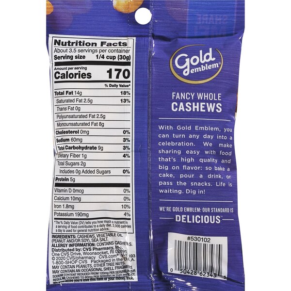 Gold Emblem Fancy Whole Cashews, 3.5 oz