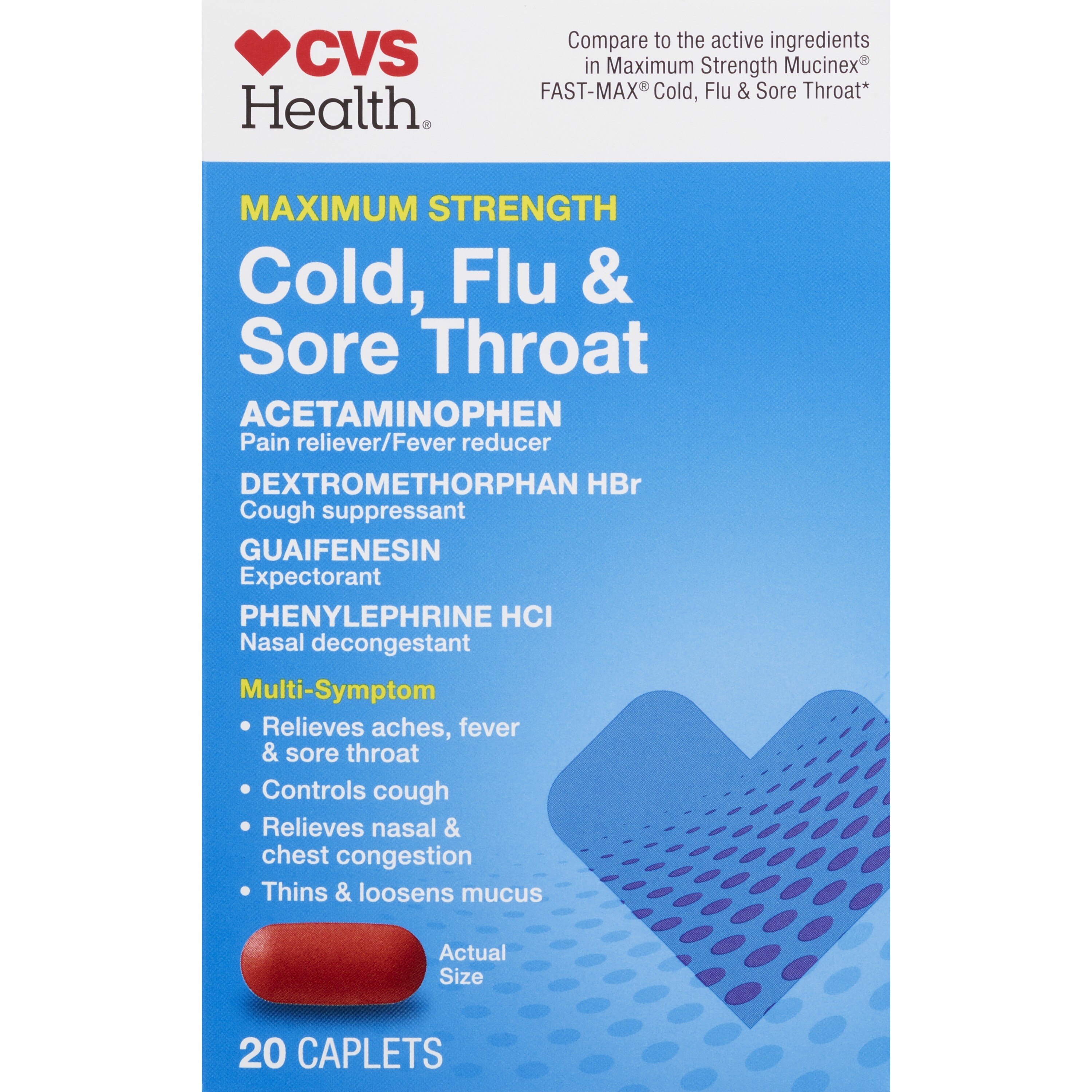 CVS Health Maximum Strength Cold, Flu & Sore Throat Caplets, 20 CT (FSA