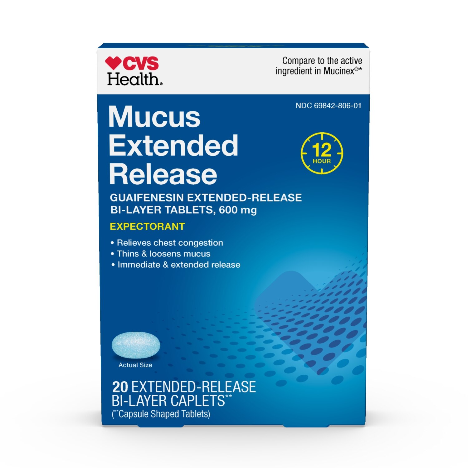 CVS Health Mucus Relief Extended-Release Bi-Layer Tablets, 600 mg, 12 Hour Expectorant, 20 CT
