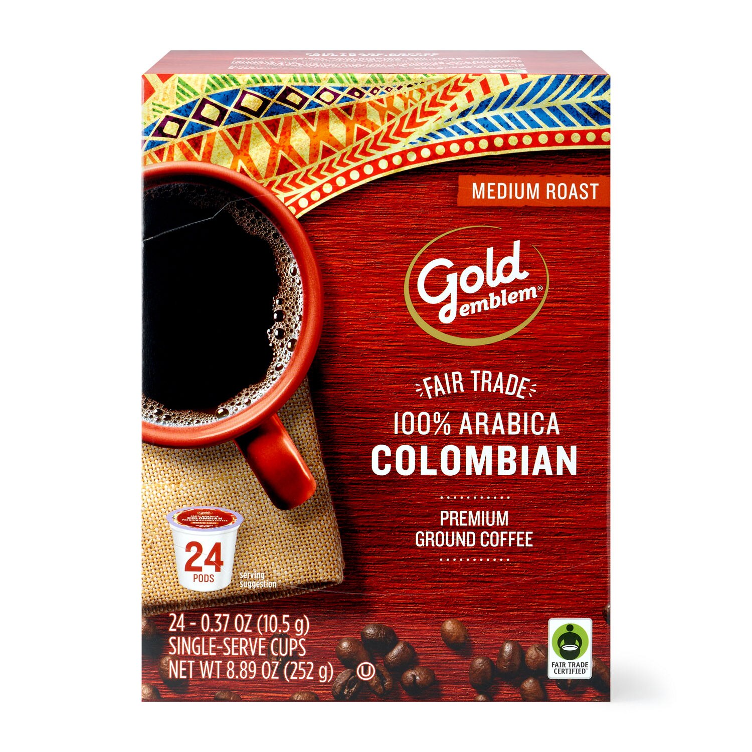 Gold Emblem Fair Trade Colombian Premium Ground Coffee Single-Serve Cups, 3.99 oz