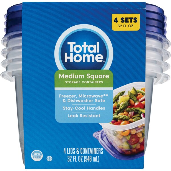 Total Home Medium Square Food Storage Containers, 32 oz, 4 ct