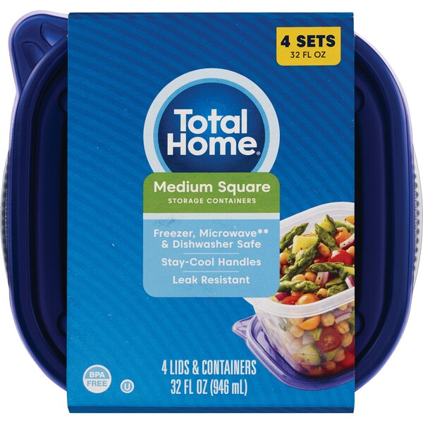 Total Home Medium Square Food Storage Containers, 32 oz, 4 ct
