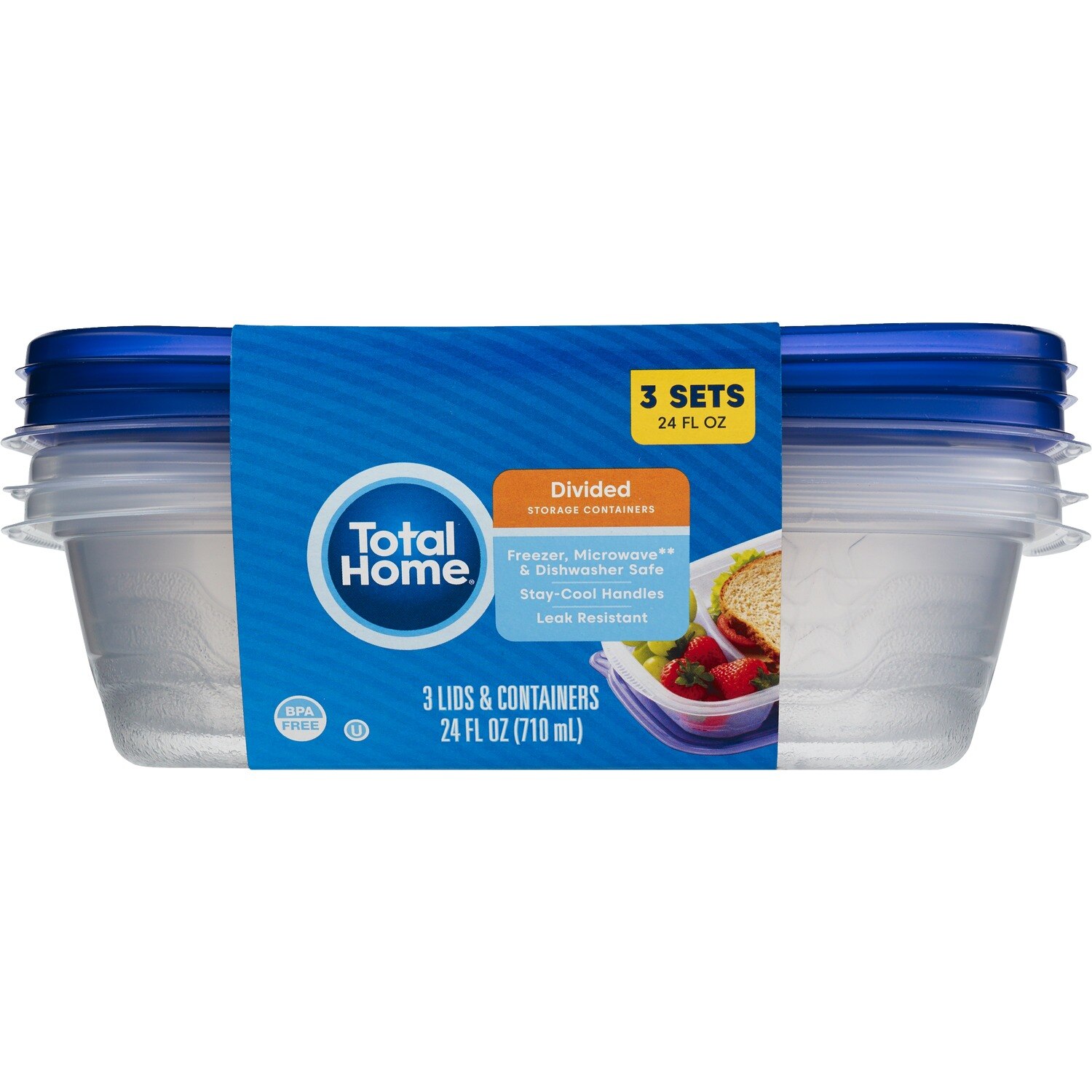 Total Home Divided Food Storage Containers, 24oz, 3CT