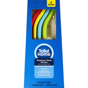 Total Home Stainless Steel Straws with Silicone Tips and Cleaning Brush, 4 ct