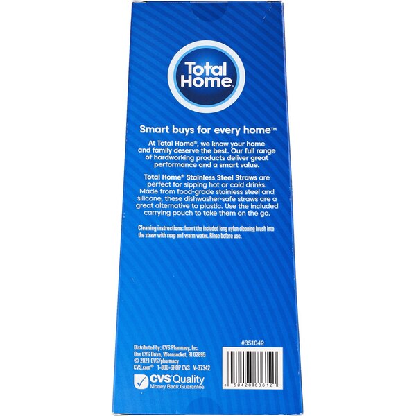 Total Home Stainless Steel Straws with Silicone Tips and Cleaning Brush, 4 ct