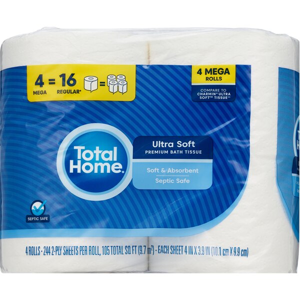 Total Home Ultra Soft Premium Toilet Paper, 4 Mega Rolls