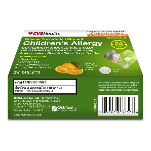 CVS Health Children's 24HR Allergy Cetirizine HCl Orally Disintegrating Tablets, Orange, 24 CT