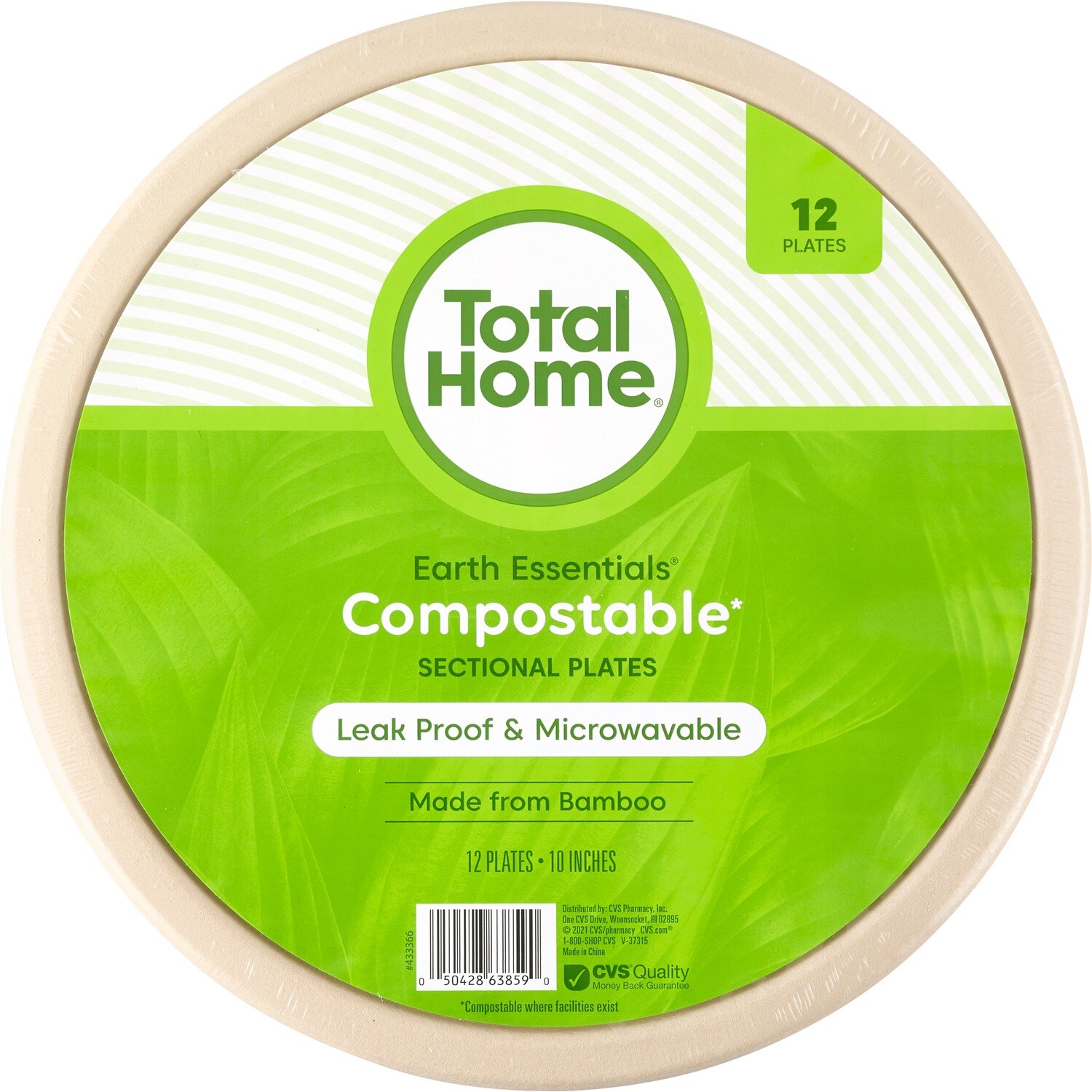Total Home Earth Essentials Compostable Bamboo Sectional Plates, 10 in, 12CT