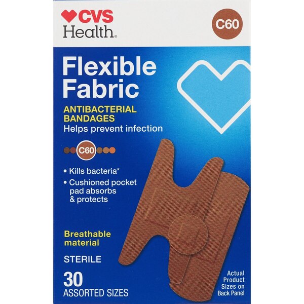 CVS Flexible Fabric Antibacterial Bandages, Assorted Sizes, 30 CT