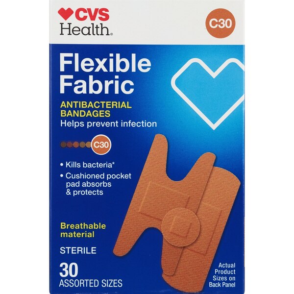 CVS Health Flexible Fabric Antibacterial Bandages, Assorted Sizes, 30 CT