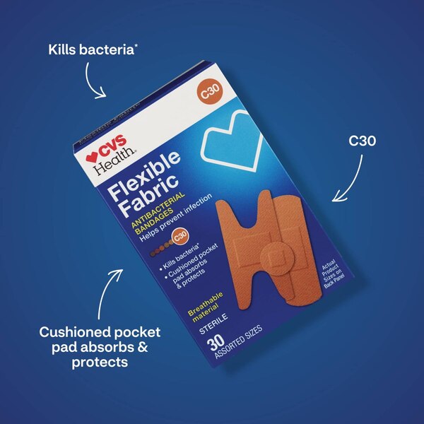 CVS Health Flexible Fabric Antibacterial Bandages, Assorted Sizes, 30 CT