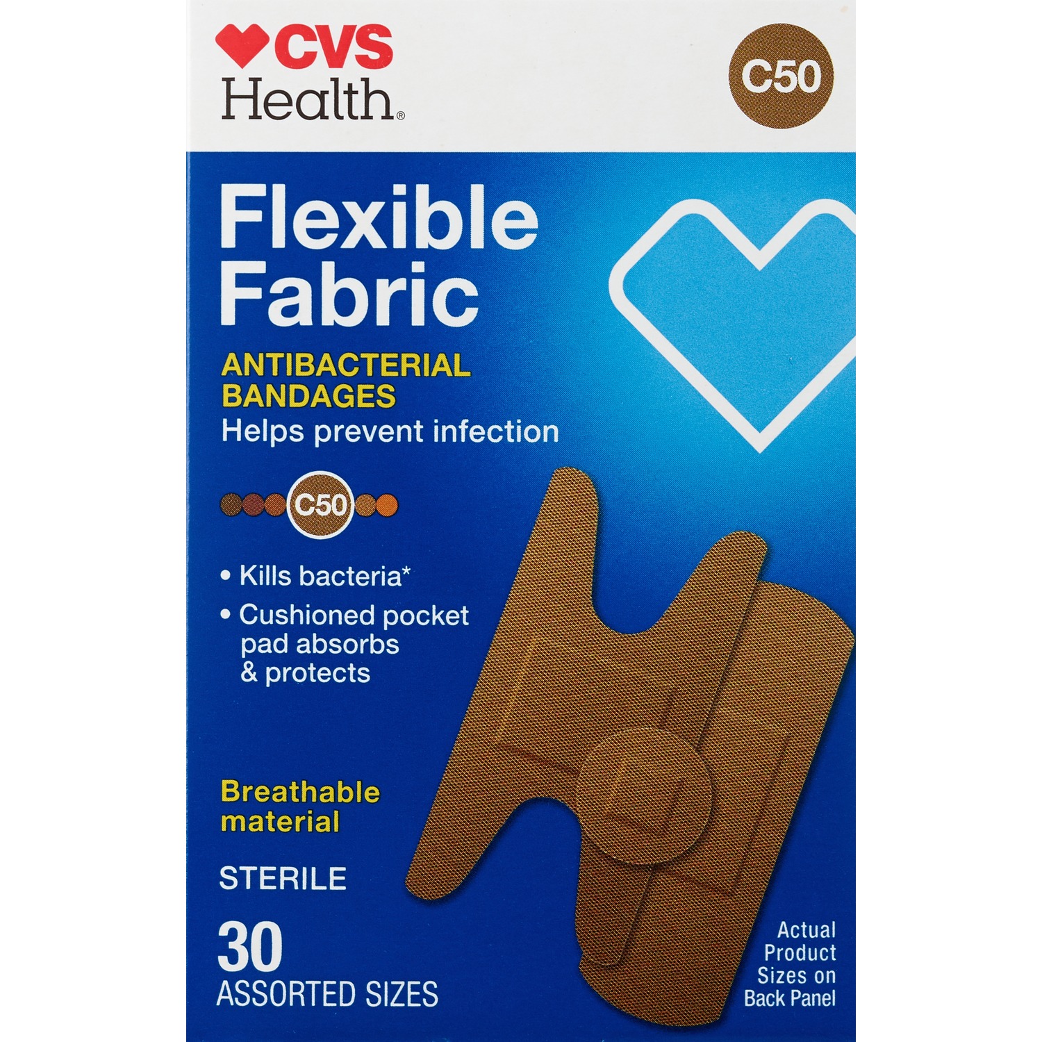 CVS Health Flexible Fabric Antibacterial Bandages, Assorted Sizes, 30 CT