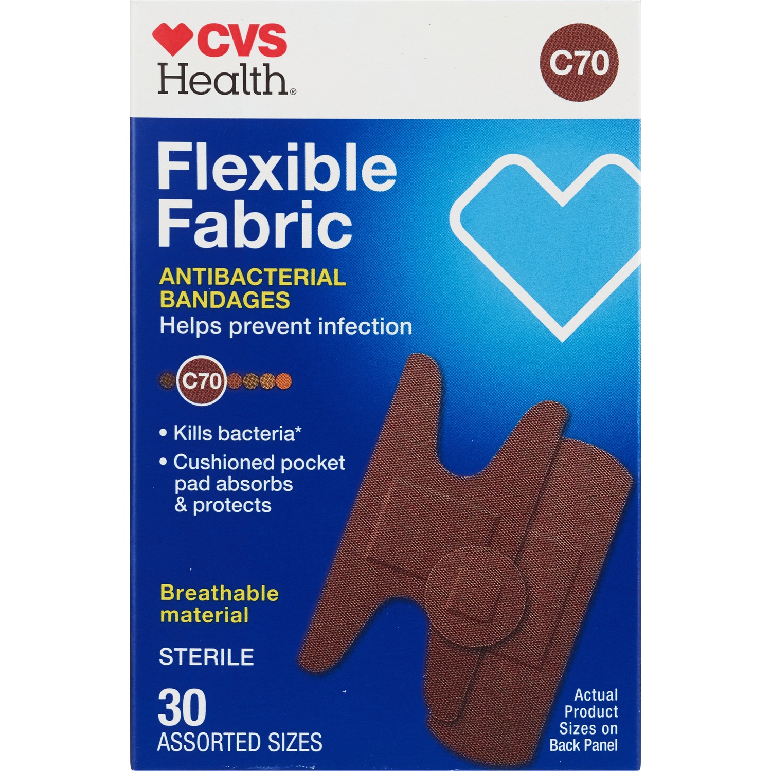 CVS Health Flexible Fabric Antibacterial Bandages, Assorted Sizes, 30 CT