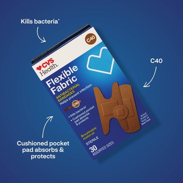 CVS Health Flexible Fabric Antibacterial Bandages, Assorted Sizes, 30 CT
