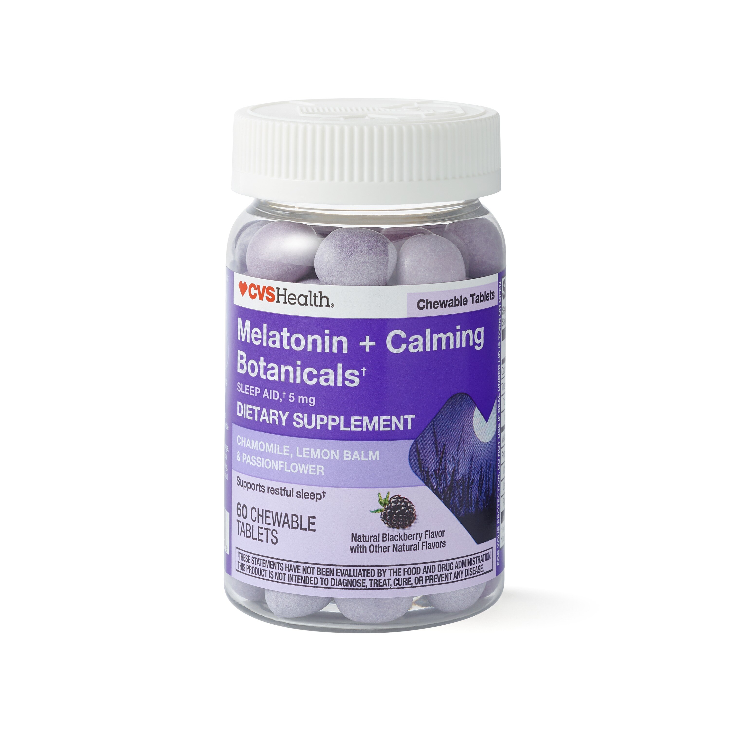 CVS Health Melatonin + Calming Botanicals Blend Chewable Tablets, 5 mg, Natural Blackberry Flavor