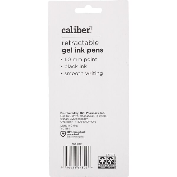 Caliber Retractable Gel Pens, Black Ink, 4 Pack