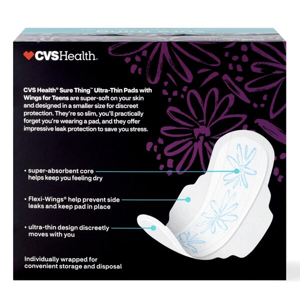 CVS Health Sure Thing Ultra-thin Pads for Teens with wings, Regular, 16 CT