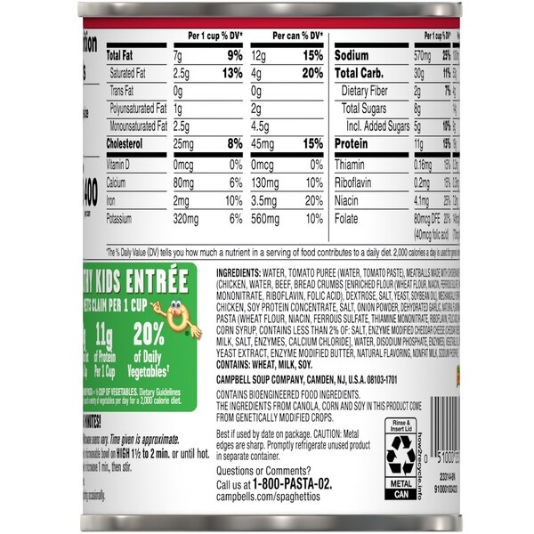 SpaghettiOs Canned Pasta with Meatballs, Can, 15.6 oz