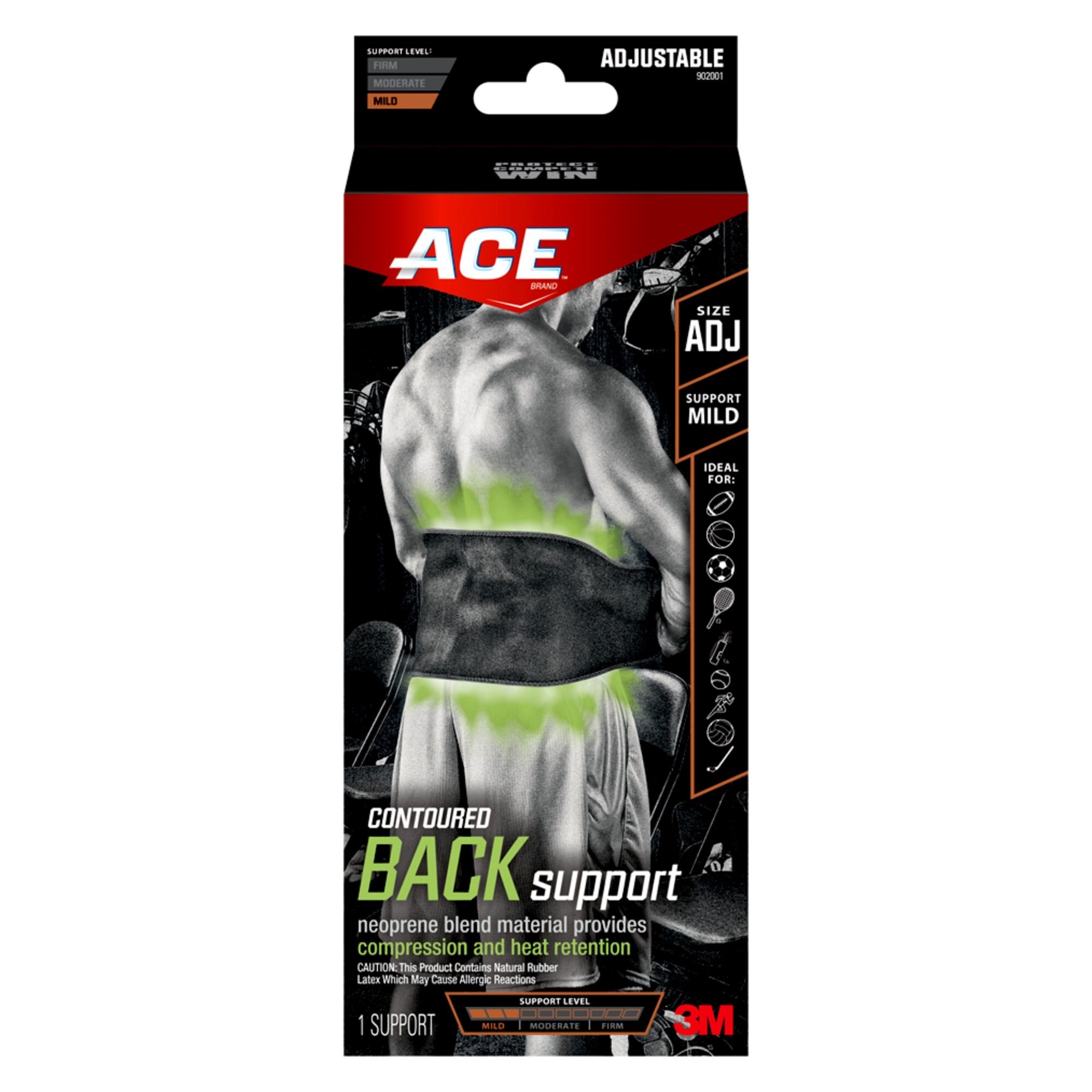 ACE Brand Contoured Back Support, Adjustable, Black, 1/Pack