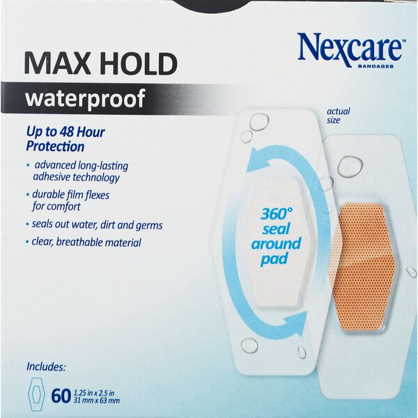 Nexcare Max Hold Waterproof Bandages, One Size, 60 CT