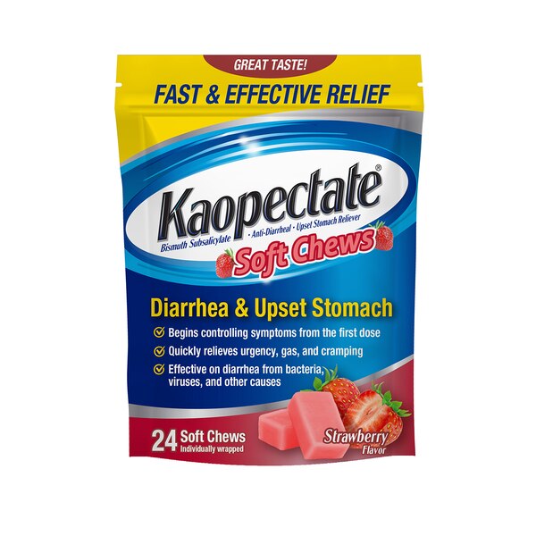 Kaopectate Anti-Diarrheal & Upset Stomach Reliever Soft Chews, Strawberry, 24 CT