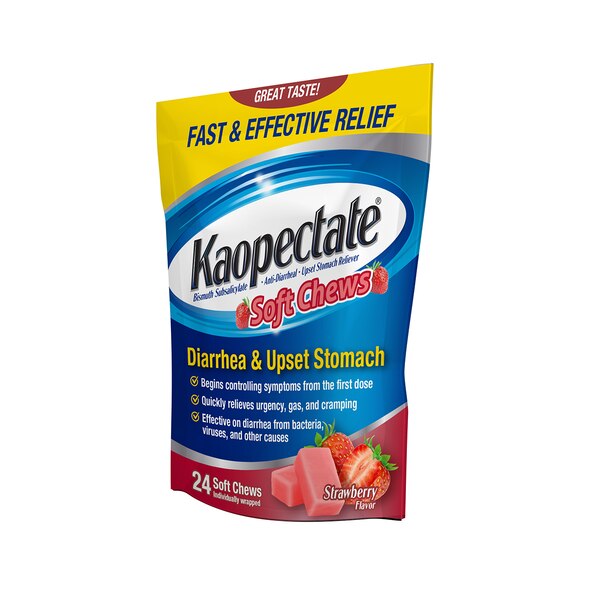 Kaopectate Anti-Diarrheal & Upset Stomach Reliever Soft Chews, Strawberry, 24 CT