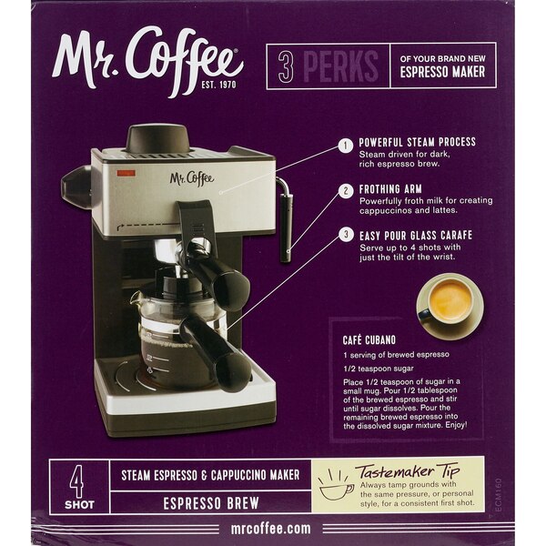Mr. Coffee Cappuccino and Espresso Maker Steam Pressure System, 4 Cup