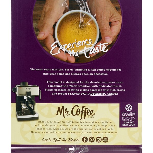 Mr. Coffee Cappuccino and Espresso Maker Steam Pressure System, 4 Cup