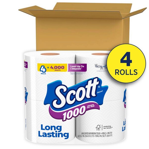 Scott 1000 Sheets Per Roll Toilet Paper, Bath Tissue, 4 ct