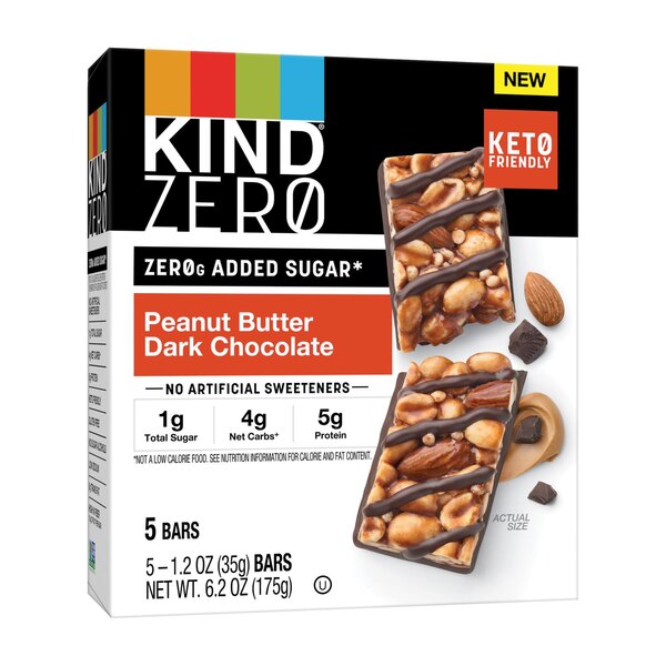 KIND ZEROg Added Sugar Bars, Keto Friendly Snacks, Peanut Butter Dark Chocolate, 5 ct, 6.2oz Box