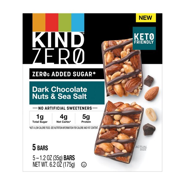 KIND ZEROg, Added Sugar Bars, Keto Friendly Snacks, Dark Chocolate Nuts and Sea Salt, 5 ct, 6.2 oz