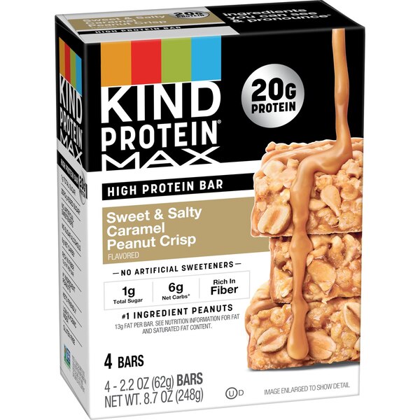 Kind, Crispy Sweet and Salty Caramel Peanut Crisp, Protein Max Bars, 2.2 oz