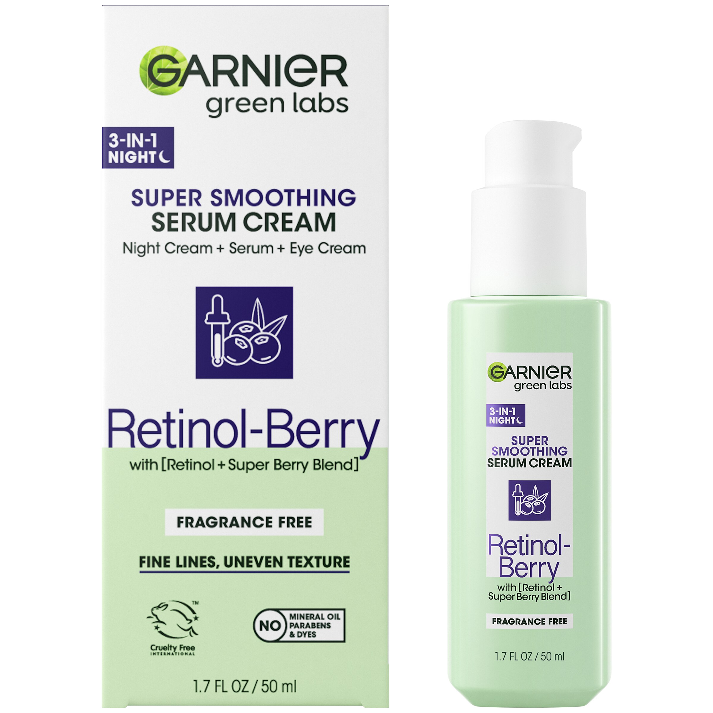 Garnier Green Labs Retinol-Berry Super Smoothing Hydrating Night 3-in-1 Serum Cream Moisturizer, 1.7 OZ