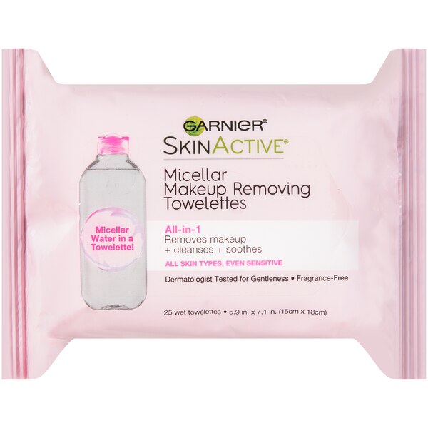 Garnier Skinactive - Toallitas desmaquilladoras con agua micelar, paquete de 25