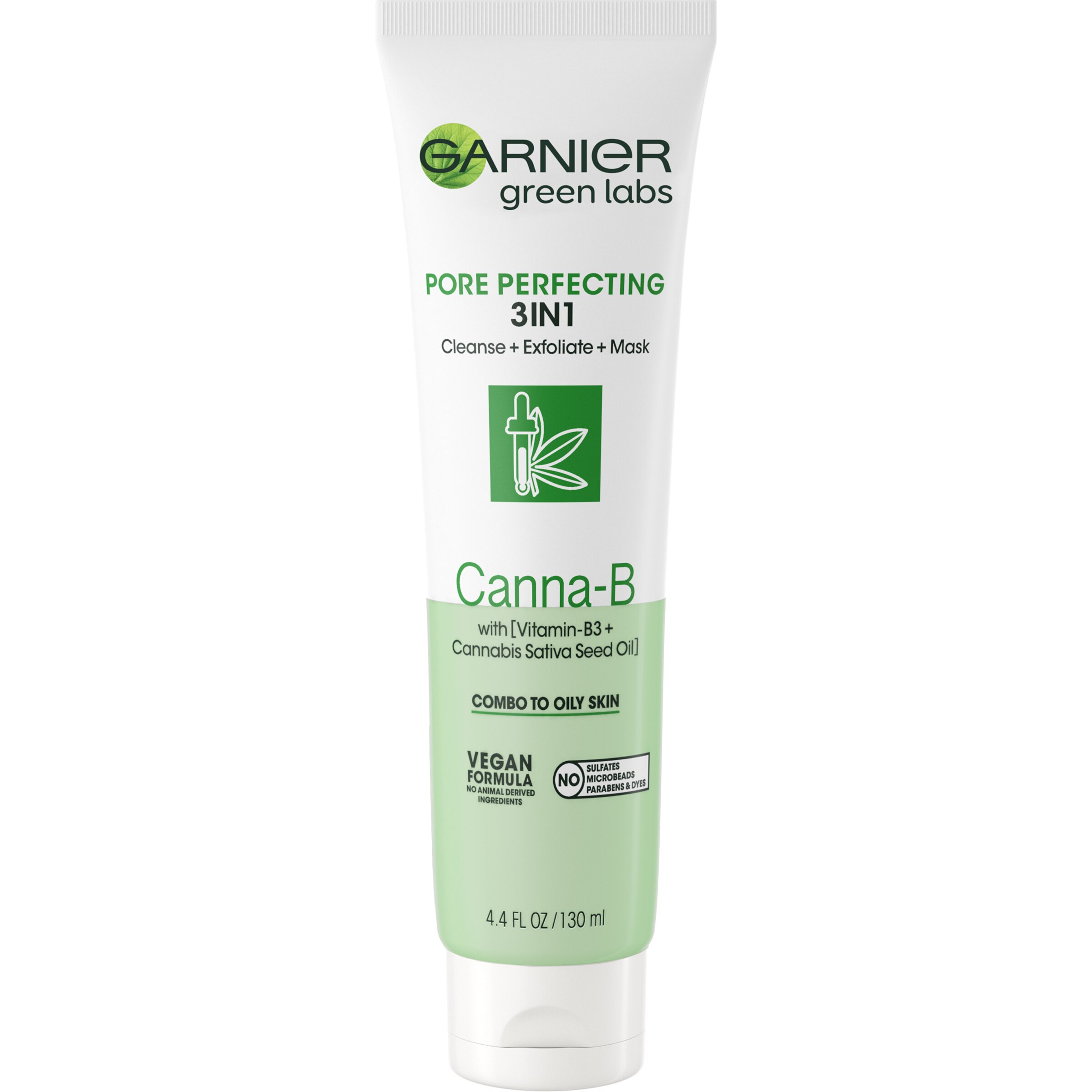 Garnier Green Labs Canna-B Pore Perfecting - Limpiador + exfoliante + mascarilla facial 3 en 1, 4.4 oz