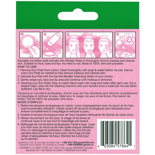 Garnier SkinActive Micellar Cleansing Eco Pads - Almohadillas de limpieza ecológicas reutilizables con agua micelar, 3 u.