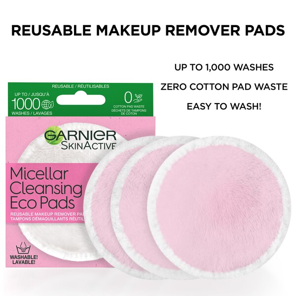 Garnier SkinActive Micellar Cleansing Eco Pads - Almohadillas de limpieza ecológicas reutilizables con agua micelar, 3 u.