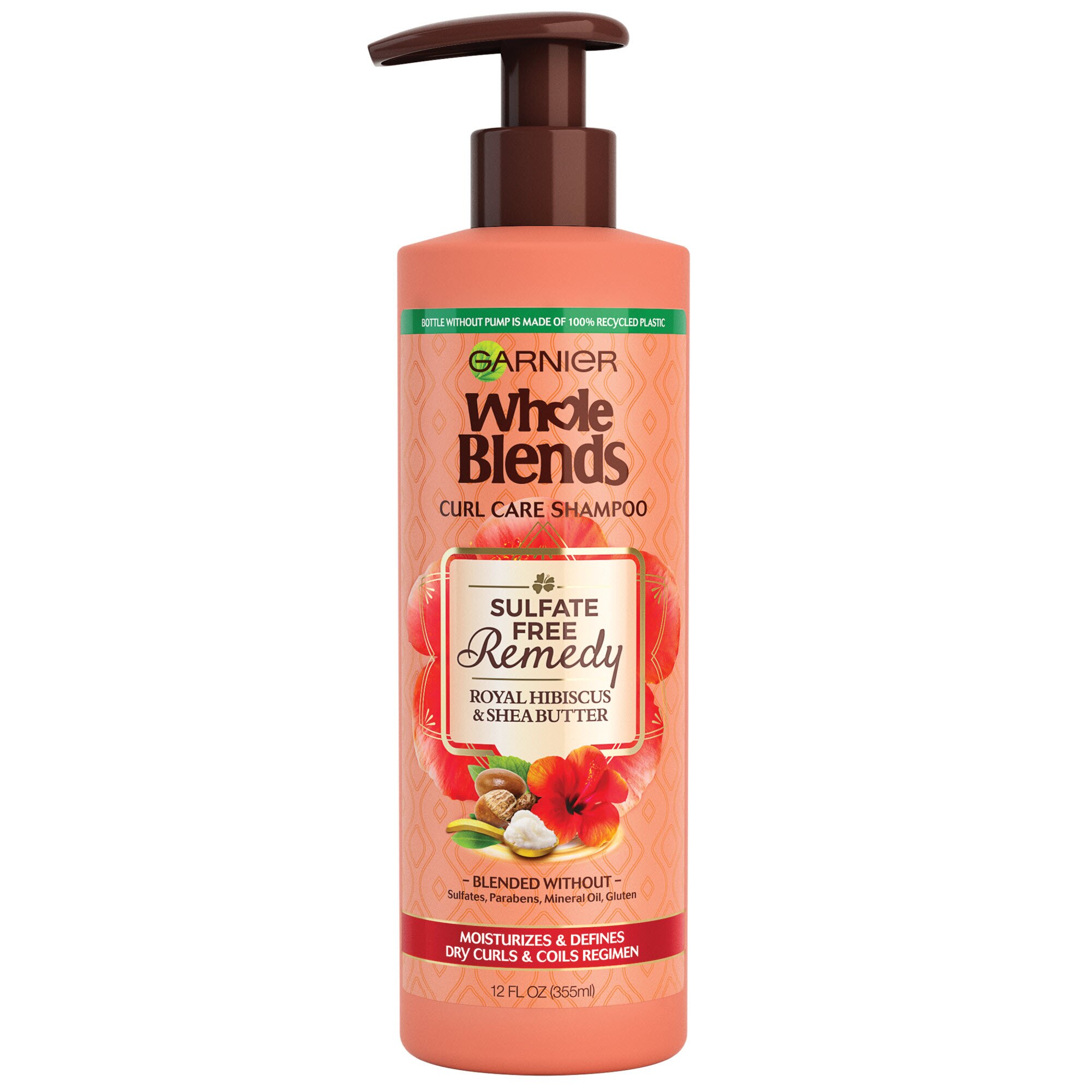 Garnier Whole Blends Sulfate Free Remedy - Champú, Hibiscus & Shea, rizos secos, 12 oz