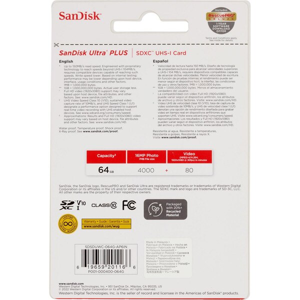 SanDisk Ultra Plus - Tarjeta SDXC UHS-I de 64 GB