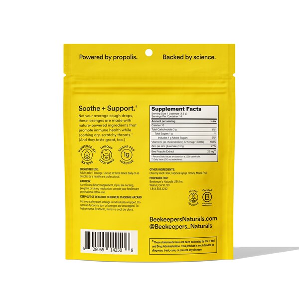 Beekeeper's Naturals Propolis Soothing Lozenges, Honey, 14 CT