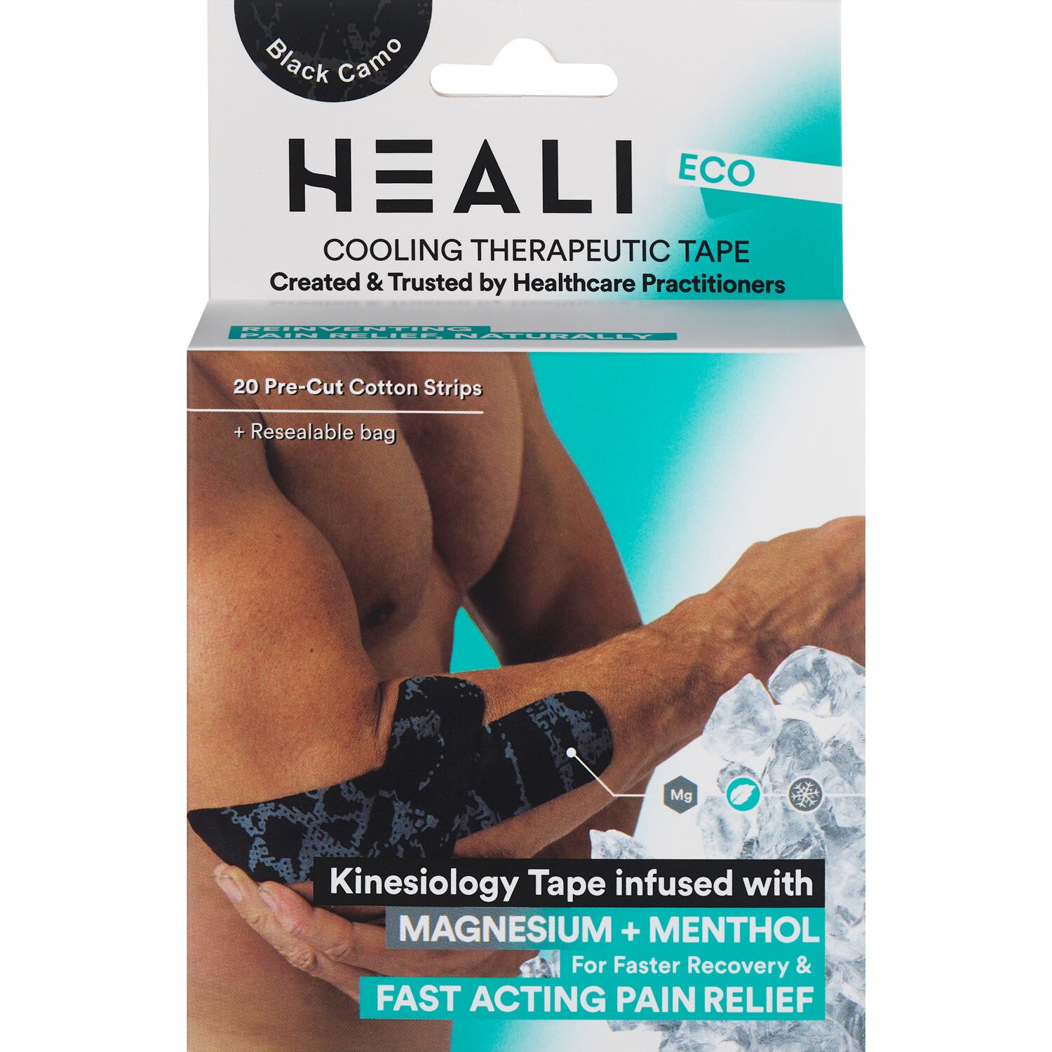 Heali ECO Precut Kinesiology Tape with Magnesium & Menthol, Black Camo