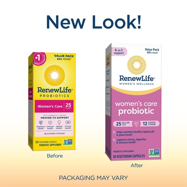 Renew Life Women’s Wellness #1 Selling Women's Probiotic,** Women’s Care Probiotic, 4-in-1 Support, 25 Billion CFU/Capsule Guaranteed, 12 Strains, Shelf-Stable, 50 Capsules, Value Pack 65% More*