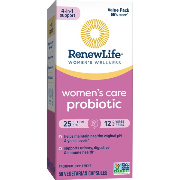 Renew Life Women’s Wellness #1 Selling Women's Probiotic,** Women’s Care Probiotic, 4-in-1 Support, 25 Billion CFU/Capsule Guaranteed, 12 Strains, Shelf-Stable, 50 Capsules, Value Pack 65% More*