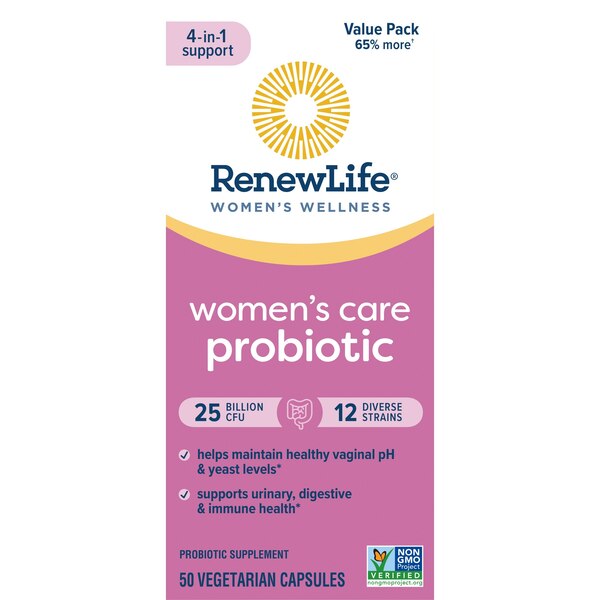 Renew Life Women’s Wellness #1 Selling Women's Probiotic,** Women’s Care Probiotic, 4-in-1 Support, 25 Billion CFU/Capsule Guaranteed, 12 Strains, Shelf-Stable, 50 Capsules, Value Pack 65% More*