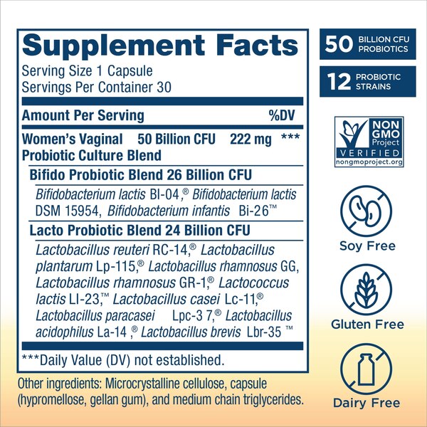 Renew Life Women's Care Vaginal Women's Probiotic Supplement, 30 Vegetarian Capsules, 50 Billion CFU