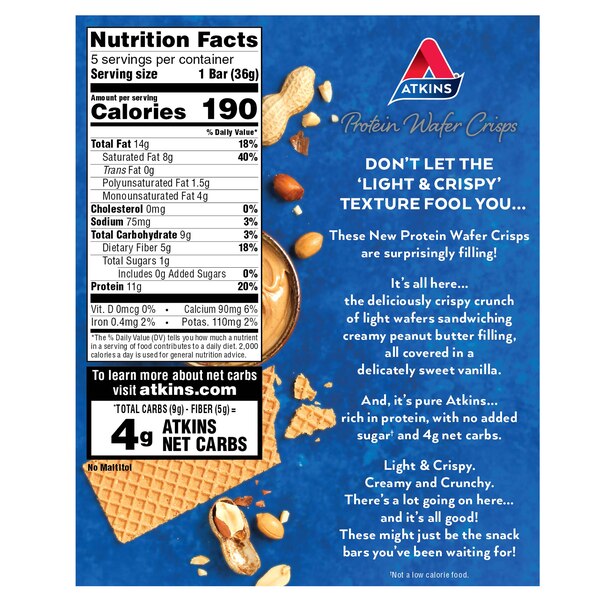 Atkins Protein Wafer Crisp Snack Bar, Peanut Butter, 5 PK