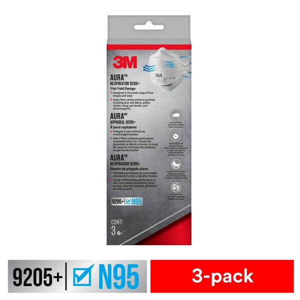 3M Aura Particulate Respirator 9205+ N95 Mask, 3 CT