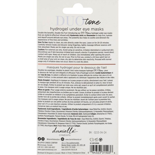 Danielle Creations Duo-Tone Under-Eye Masks, Hyaluronic Acid + Rosewater, 8 Pairs