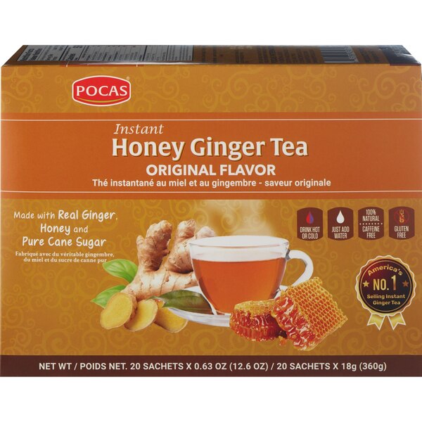 POCAS Instant Honey Ginger Tea, Original Flavor, 12.7 OZ, 20 CT